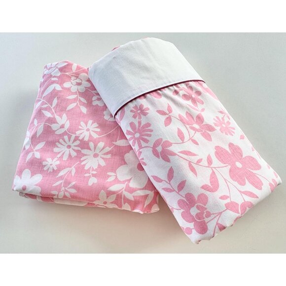 Vintage 70s bedsheets set, flat and fitted, pink white floral, full/double - Picture 1 of 10